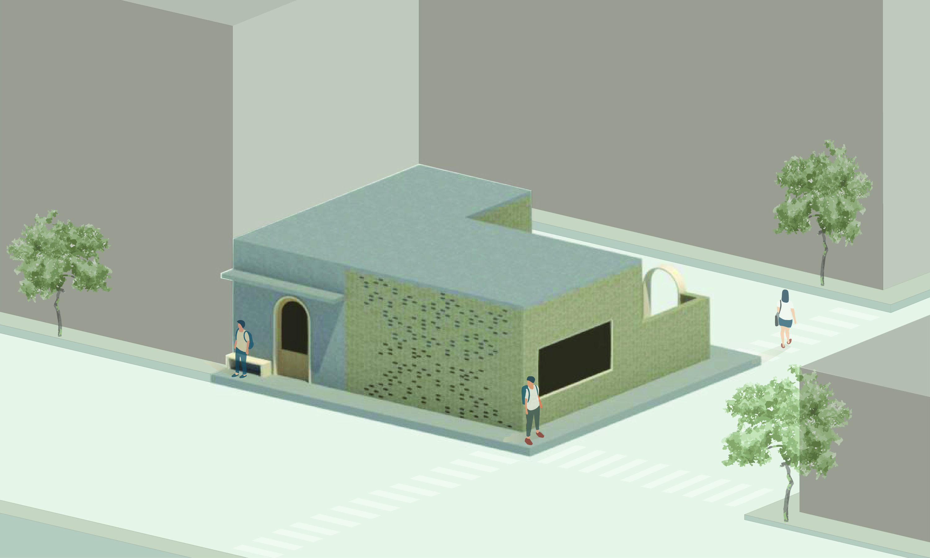 Cafe project - Urban café with glass brick façade